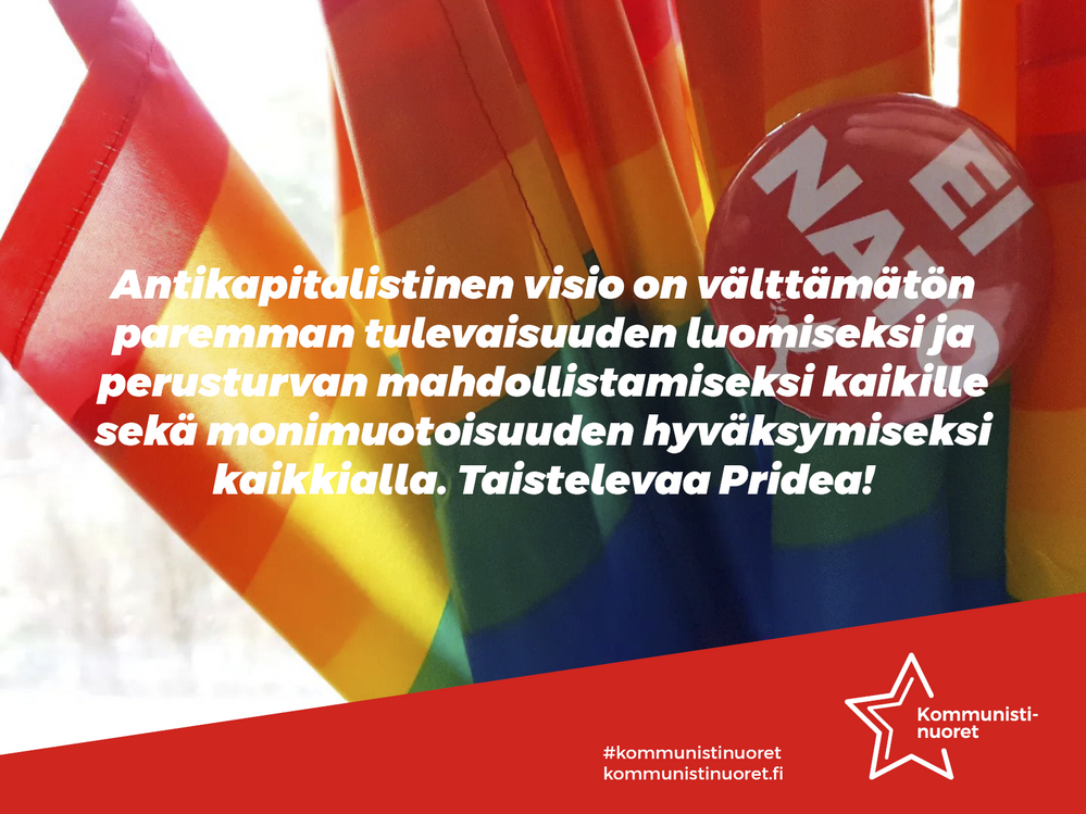 Bannerikuvassa taustalla sateenkaarilippuja ja Ei Nato -rintamerkki sekä kuvan päällä teksti: 'Antikapitalistinen visio on välttämätön paremman tulevaisuuden luomiseksi ja perusturvan mahdollistamiseksi kaikille sekä monimuotoisuuden hyväksymiseksi kaikkialla. Taistelevaa Pridea!'.