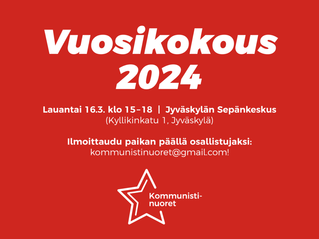 Punaisella taustalla valkoisella tekstillä perustiedot vuosikokouksesta sekä Komnuorten logo.